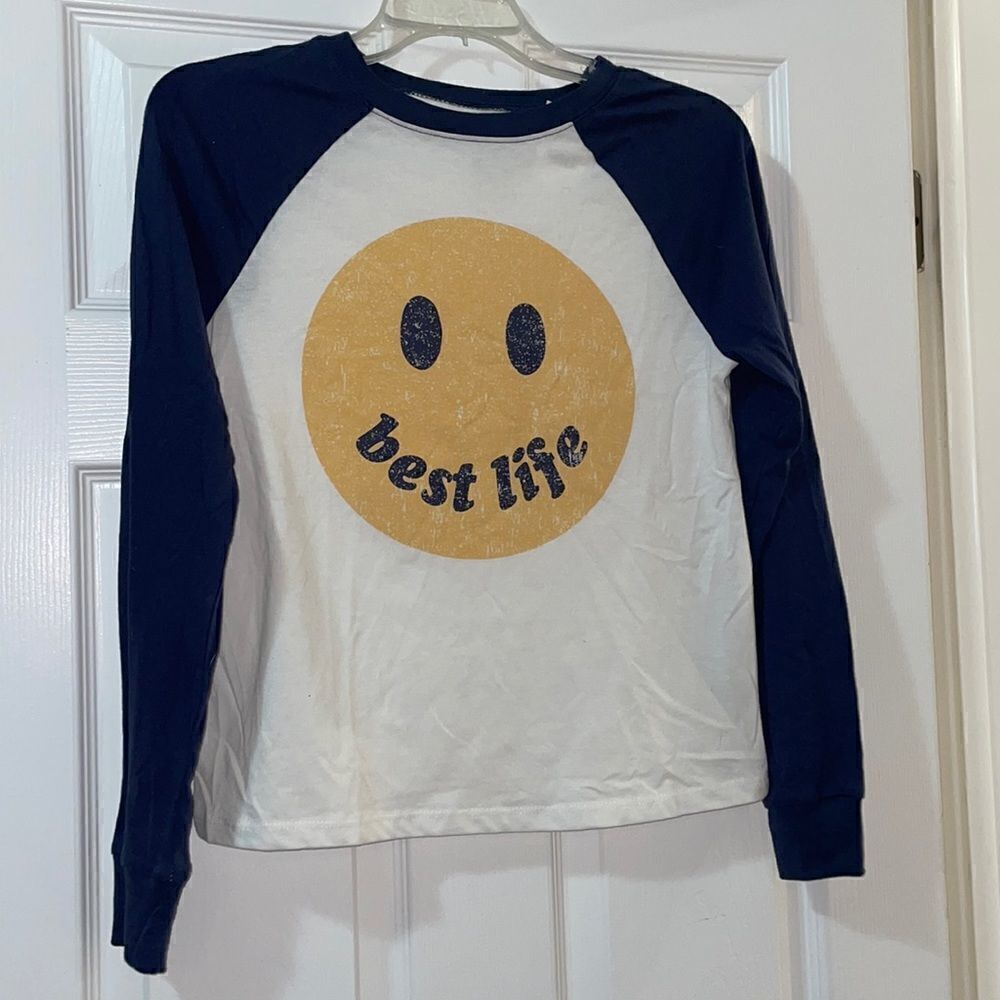 (5/$25) Zoe + Liv Smiley Face Best Life long sleeve raglan top